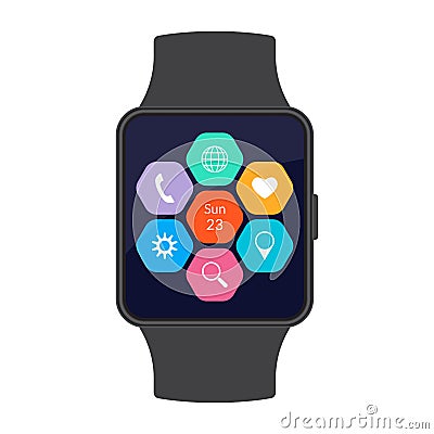 Smart watch with app icons on the screen. Smartwatch concept. Vector illustration Vector Illustration